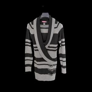 Say What? Y2K Striped Wrap Shawl Collar Tunic Sweater Buckle Detail Grey Black
